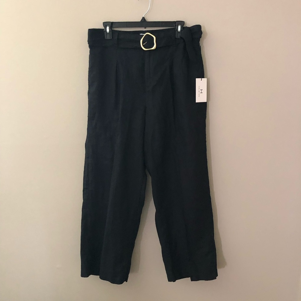 HALSTON Classic 100% Linen Washable Black Pants Belt Gold Buckle & Elastic Waist